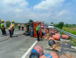 Truk Muat Ikan Terguling di Tol Jombang-Mojokerto Akibat Pecah Ban Belakang